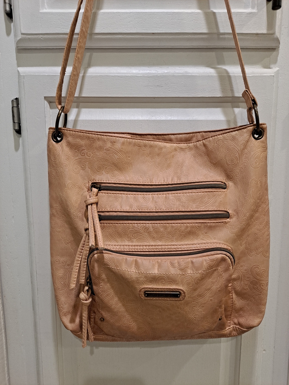 Stone & Co. Embossed Paisley Light Tan Pink Smokey Mountain Super Crossbody Bag
